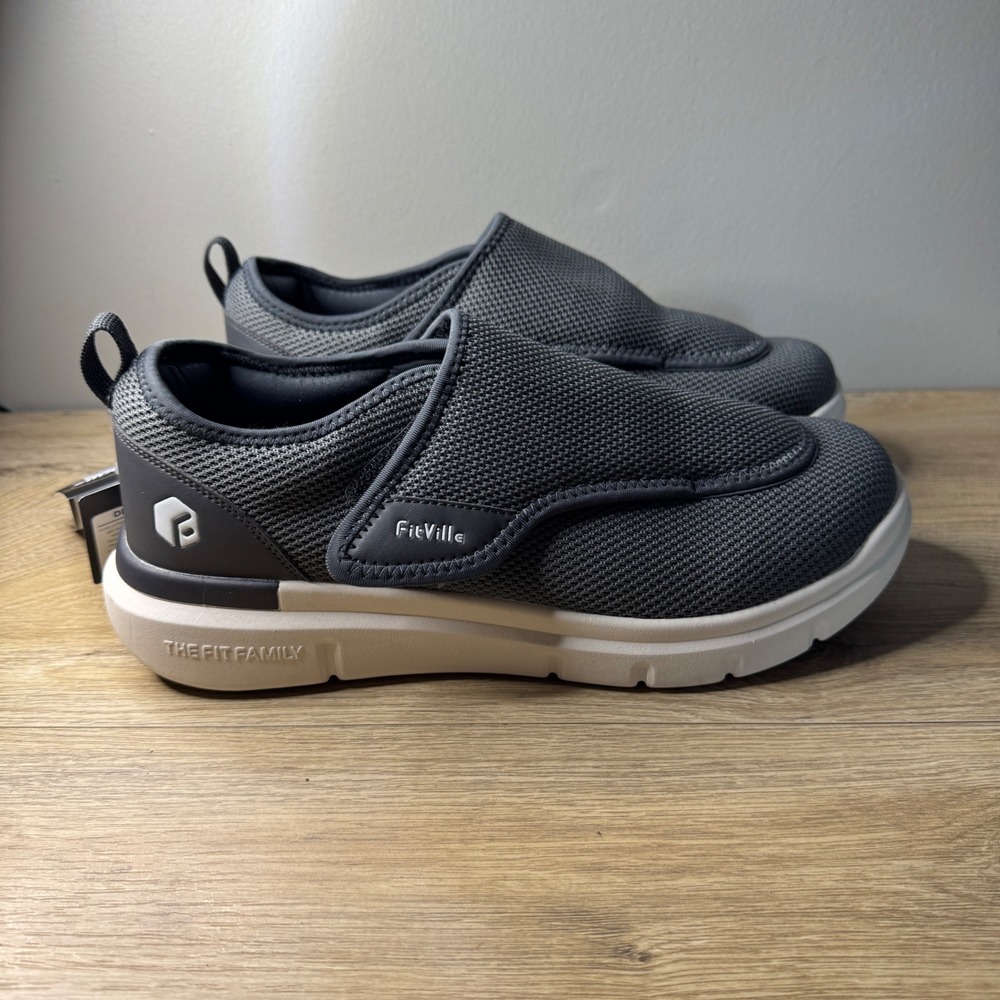 FitVille Slip On Sneakers Mens 10.5 EW Gray Comfort Arch Support Walking‎ Shoes